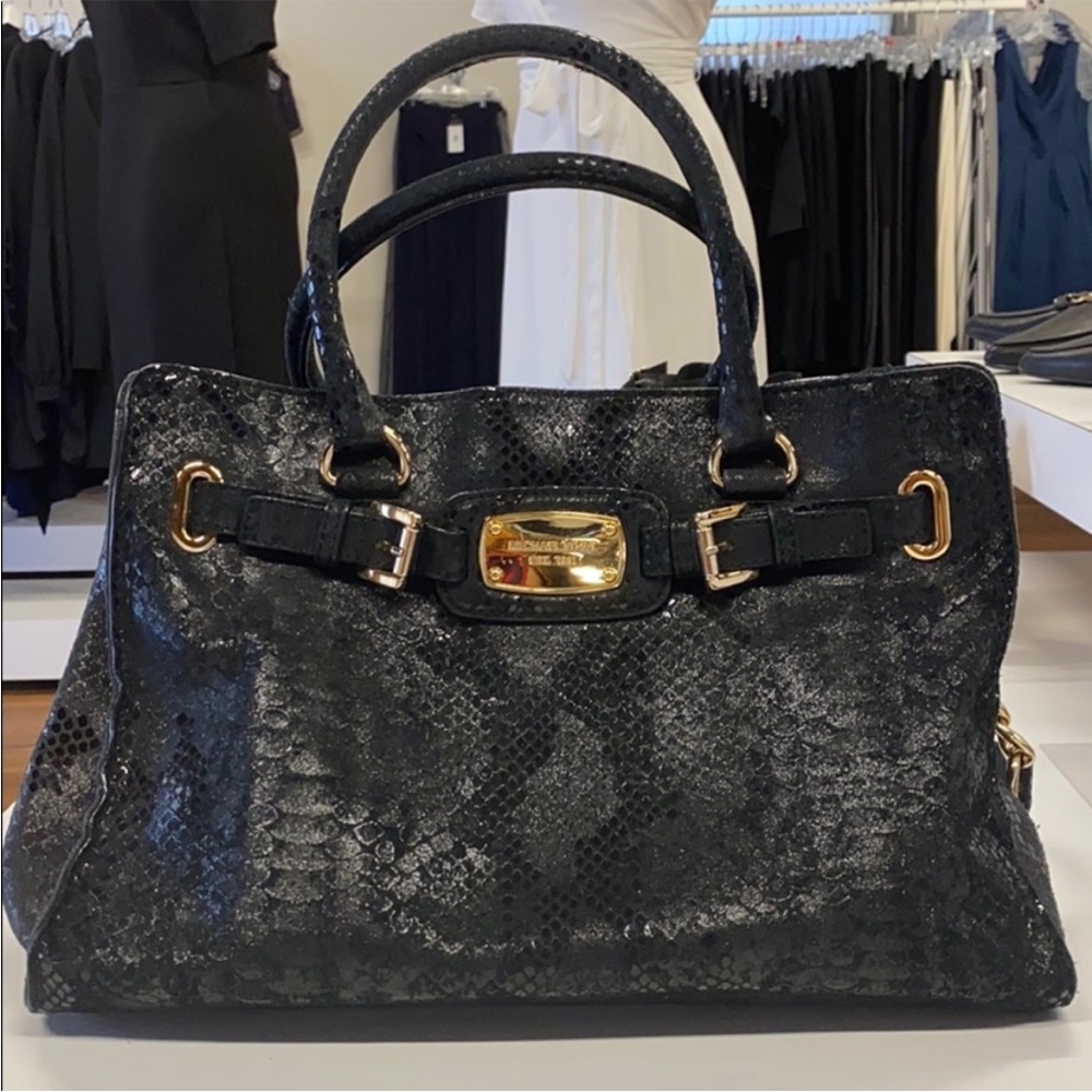 🌺MICHAEL KORS🌺Hamilton🌺Python Embossed Leather🌺Satchel🌺Black Bag🌺